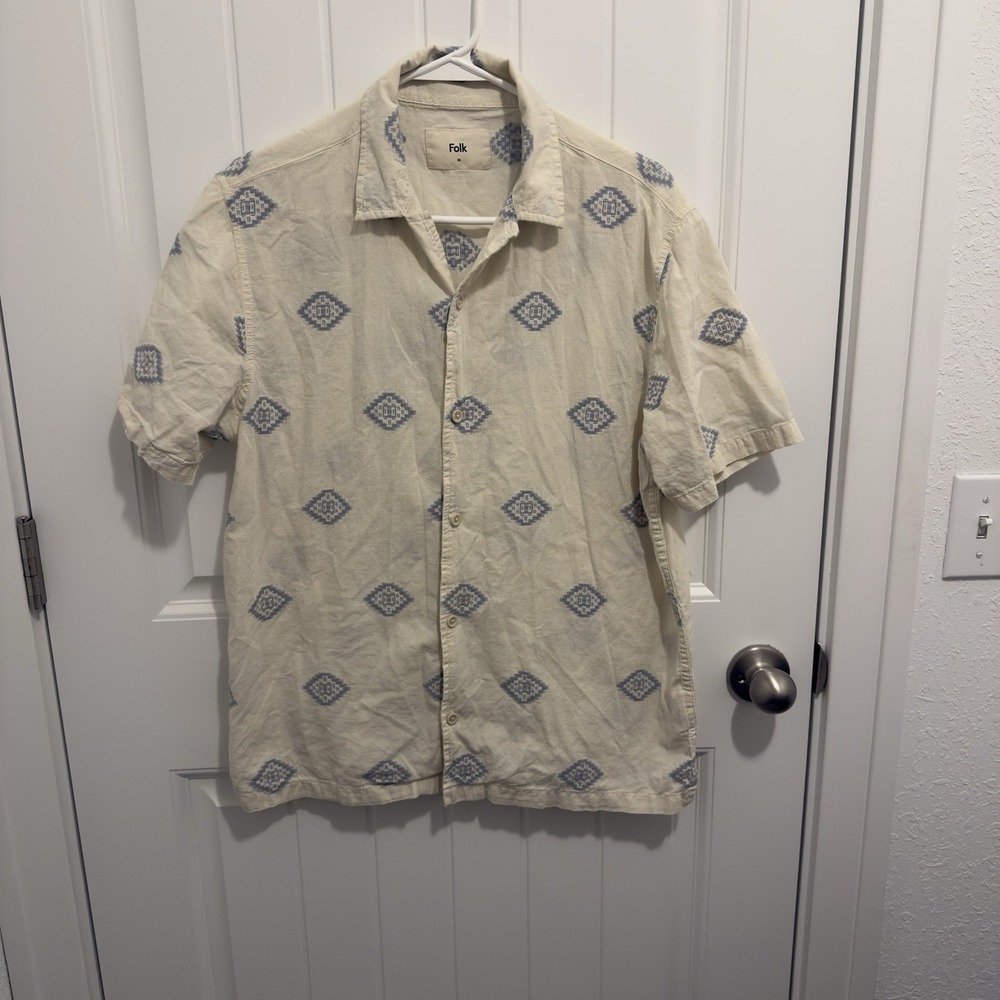 Folk Men's Short Sleeve Button Up Ivory Blue Geometric Design Size Medium